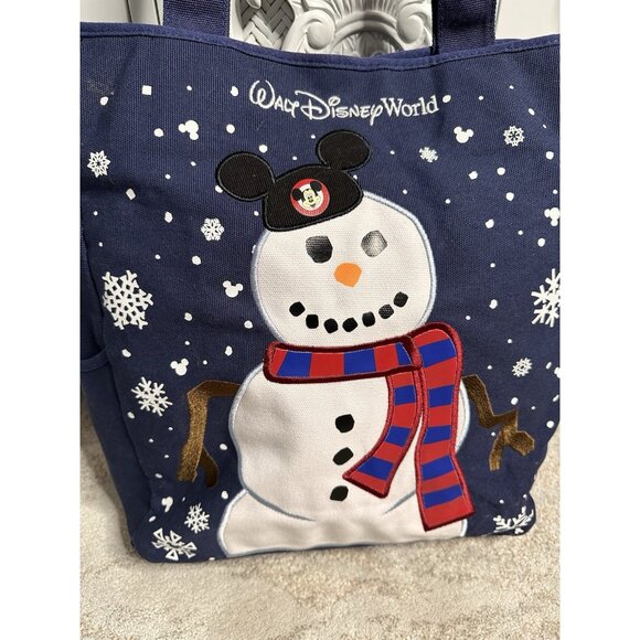Walt Disney Snowman W/Mickey Mouse Ears Holiday Blue Canvas Tote Bag 18x16 - Picture 2 of 6